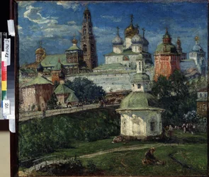 Treenigheten Lavra av Saint Sergius (Trinite-Saint-Serge), en Sergiev Posad (Ryssland) (Treenigheten Lavra av Sergius i Sergiyev Posad). Målning av Michail Vasilievich Boskin (1875-1930). Olja på duk, 75 x 82 cm, cirka 1910, rysk konst. State Open Air Mu