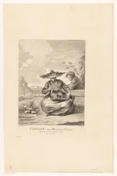 Man sitter med benen i kors med gurdy-gurdy Viosseu ou Musicien Chinois (titel på objekt) Serie av asiatiska scener från samlingen Château de la Muette (serietitel) Figures chinoises et tartares du château de la Muette (serietitel)