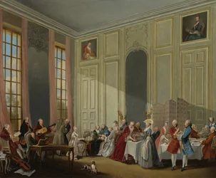 Mozart ger en konsert i Salon des Quatre-Glaces vid Palais du Temple vid P:s hov