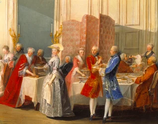 Buffé med gäster bredvid en skärm. Detalj av "" Le The a l"engelsmannen serverade i Salon des Quatre-Glaces
