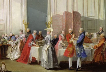 Engelskt te i Salon des Quatre Glaces i prins de Contis hus (1717-76), Palais du Temple, detalj av gästerna, 1766