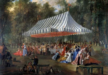 Fest ges av Louis Francois Joseph de Bourbon, prins av Conti till arvprins Charles Guillaume Ferdinand av Brunswick Luebourg (1735-1806), under tältet, i skogen Cassan, på Isle Adam 1766 Bankett i parken. Målning av Michel Ba