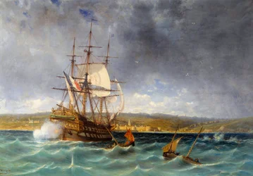 Veteranen kommer in i hamnen i Concarneau Detalj. Målning av Michel Bouquet (1807-1890) 1800-talets Brest, Musee des Beaux Arts