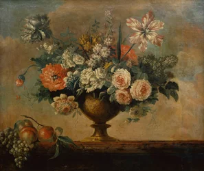 Rosor, tulpaner, nejlikor och andra blommor i en urna (olja)