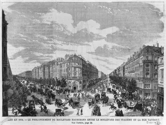 Paris år 1878, Boulevard Haussmann förlängd mellan Boulevard des Italiens och Rue Taitbout, graverad av Louis Dumont (f. 1822), sent 1800-tal