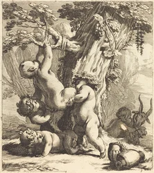 Putti och fauner som klättrar på en vinranka