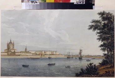 Smolny-klostret i Sankt Petersburg. Verk av Michel Francois Damam-Demartrait (Damam Demartrait) (1763-1827), gravyr och akvarell