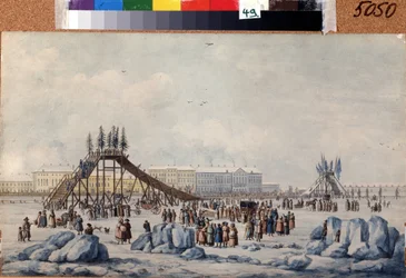 En rutschkana på Neva under fastlagen. Verk av Michel François Damam Demartrait (1763-1827). Akvarell och tusch på papper, omkring 1810, 33 x 54 cm, fransk konst, klassicism. A. Pusjkin-museet