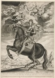 Ryttarporträtt av Ludvig XIII (Bourbon) (1601-1603) vid 33 års ålder. Landskapet är efter Callot