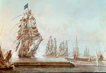 Bålverksflygeln, fest som gavs i Toulon till Comte de Provence i juli 1777 i hamnen i Toulon Gouache av Michel Joseph dit Michel de Toulon (aktiv mellan 1777 och 1792) 1777. Versailles, slottsmuseum