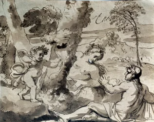 Kärlek, en herde och en nymf. Teckning av Michel Corneille (1642-1708)