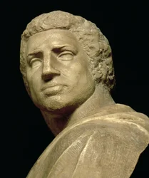 Brutus, huvuddetalj från byst av Michelangelo Buonarroti 1475-1564, omkring 1539-40, marmordetalj av 79848