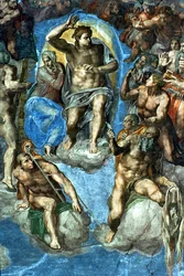 Kristus, detalj ur "Yttersta domen" i Sixtinska kapellet, 1500-talet, med Michelangelos självporträtt som den helige Bartolomeus som håller ett flått skinn