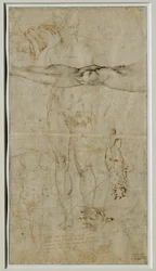 Olika studier av figurer, inskription baserad på en sonett av Petrarca, ca 1506 ...