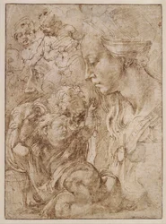 "Studier för en helig familj med Johannes döparen som barn" (Studier för en helig familj med Johannes döparen som barn) Teckning av Michelangelo Buonarroti (1475-1564) - 1505 - Penna, pensel, tusch på papper Dim 28, 7x20 ,9 cm Staatliche Museen, Berlin