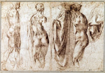 Grupp om fyra stående figurer och ett draperi Teckning i pennan av Michelangelo Buonarroti dit Michelangelo (Michelangelo eller Michel Ange