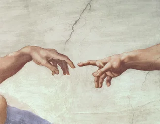 Hands of God and Adam, detalj från The Creation of Adam, från det sixtinska taket, 1511 (för restaurering)