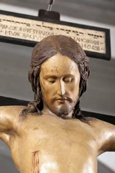 Helige Andes krucifix, cirka 1493, av Michelangelo (1475-1564), detalj, skulptur i polykromt trä, sakristian i basilikan Santo Spirito i Florens - Krucifix. Renässansskulptur av Michelangelo Buonarroti, kallad Michelangelo (Michelangelo eller Michela)