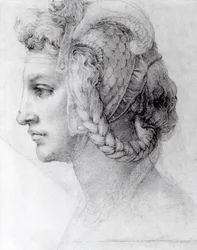 Idealiskt kvinnohuvud, ca 1525-28 (svart krita på papper)