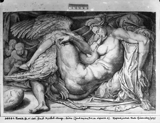 Leda, graverad av Jacobus Bos, Boss eller Bossius (f.c.1520)