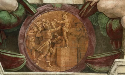 Medaljongen representerar förstörelsen av statyn av guden Baal..., 1508-1512.