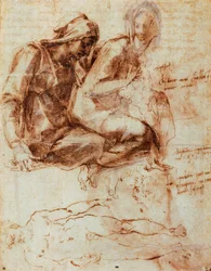 St Anne och Madonna med barn, av Michelangelo (1475-1564), teckning