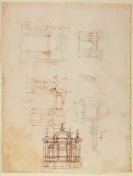 Studier för arkitektonisk komposition i form av en triumfbåge, c.1516 (svart krita med penna och brunt bläck på papper) (recto) (för verso se 191776)