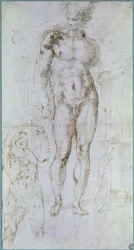 Studie för Apollo, tidigare Merkurius, stående naken med en mantel draperad över axlarna, och gestalten av en man som bär en börda