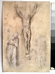 Studera för en korsfästelse Representation av Kristus på korset med Jungfrun och Sankt Johannes. Teckning av Michelangelo Buonarroti dit Michelangelo (Michelangelo eller Michel Ange