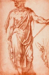 Studie av en draperad manlig figur; teckning av Leonardo da Vinci. Gabinetto dei Disegni e delle Stampe, Uffizierna, Florens