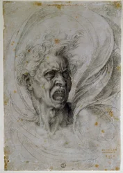 Studerar huvudet på en skrikande man. Teckning av Michelangelo Buonarroti känd som Michel Ange eller Michelangelo eller Michelangelo (1475-1564). Florens, Uffizimuseet (Florens, avdelningen för tryck och teckningar av Uffizierna).