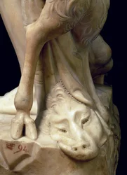The Drunkenness of Bacchus, detalj av ett panterhuvud, skulptur av Michelangelo Buonarroti 1475-1564, 1496-97 marmordetalj av 52672