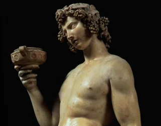 The Drunkenness of Bacchus, detalj av hans huvud, skulptur av Michelangelo Buonarroti 1475-1564, 1496-97 marmordetalj av 52672