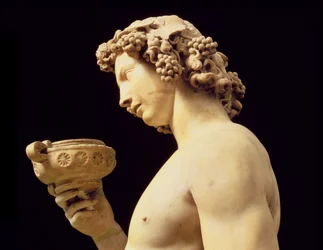 The Drunkenness of Bacchus, detalj av hans huvud, skulptur av Michelangelo Buonarroti 1475-1564, 1496-97 marmordetalj av 52672