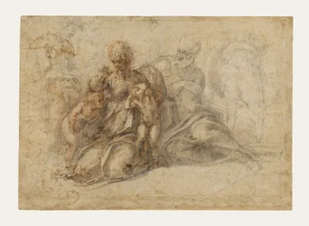 Den heliga familjen med barnet Johannes Döparen (recto); Amorösa Putti i lek; Fågelhuvud (verso)