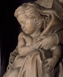 Jesusbarnet, detalj ur Madonna med barn, av Michelangelo (1475-1564), Notre-Dame-kyrkan i Brygge, Belgien