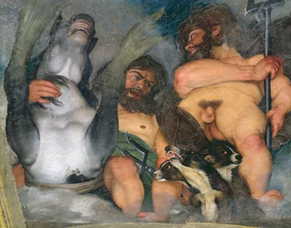 Allegori över elementen, universum och zodiakens tecken, detalj med Neptunus och Triton med Kerberos, den trehövdade hunden, 1597, detalj av 107109