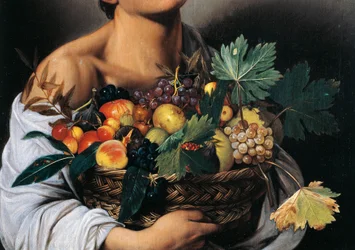 Pojke med en korg frukt, detalj