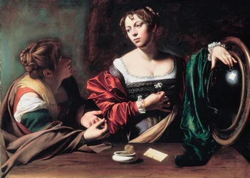 ""Martha och Maria Magdalena"" Målning av Michelangelo Merisi känd som Caravaggio eller il Caravaggio (1571-1610) cirka 1598 Mått 100x134,5 cm Detroit Institute of Art