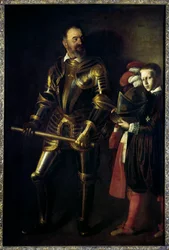 Porträtt till fots av Alof de Wignacourt (1547-1622) Stormästare av Maltas orden från 1601 till 1622, och hans sida Målning av Michelangelo Merisi dit Le Caravaggio ou il Caravaggio (1571-1610) 1608 Sön. 1,94x1,34 m