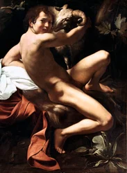 Saint John the Baptist in the Desert Målning av Michelangelo Merisi kallad The Caravaggio or il Caravaggio (1571-1610) 1609 Sun. 159x124 cm Rom, Galleria Borghese