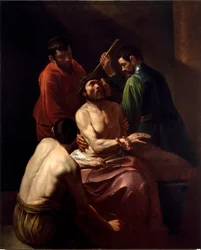 Törnekröningen, målning av Michelangelo Merisi, kallad Caravaggio eller il Caravaggio (1571-1610) (nyligen attribuerad). Mått: 203 x 166 cm. Genua, Chiesa di San Bartolomeo della Certosa