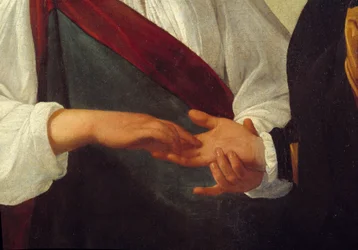 Spåkvinnan Detalj som representerar klientens hand utsträckt i kvinnans hand som läser linjerna i hans handflata. Målning av Michelangelo Merisi da Caravaggio dit Le Caravaggio (ca 1571-1610) Sön. 0,99x1,31 m