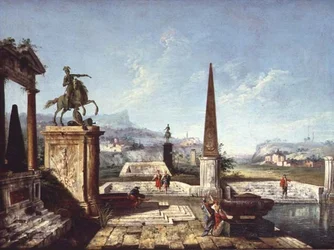 En Capriccio av klassiska monument, en obelisk med soldater vid en pool och bergen bortom (olja på duk)