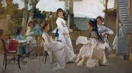 Under pergola, målning av Michele Tedesco (1834-1917), olja på duk, 81x139 cm, Italien