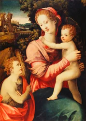 Madonnan och barnet med spädbarnet Johannes Döparen, ett trädbevuxet flodlandskap med ett imaginärt palats bortom,