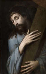 Jesus med korset - Målning av Michiel Coxcie (Coxie, Coxien, De Coxien, De Coxcie, Coxius, Van Coxcie) (1499-1592), ca 1555 - Olja på trä, 81x50 - Museo del Prado, Madrid