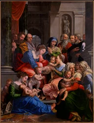 ""Den heliga släktskapet"" (Det heliga släktskapet) Målning av Michael Coxcie (Michiel Coxien) (De Coxien, De Coxcie, Coxius, Van Coxcie och Coxie) (1499-1592) 1540 Olja på trä Dim 245x191 cm Kremsmuenster Abbey Österrike