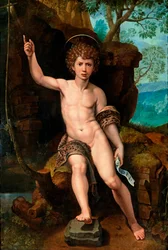 ""Representation of Saint John the Baptist"" (Saint John the Baptist) Målning av Michael Coxcie (Michiel Coxien) (De Coxien, De Coxcie, Coxius, Van Coxcie och Coxie) (1499-1592) 1500-talet Olja på trä Dim 104x73 cm Privat samling