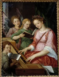 Saint Cecile spelar cembalo Målning av Michael Coxcie (Michiel Coxien) (De Coxien, De Coxcie, Coxius, Van Coxcie och Coxie) (1499-1592)